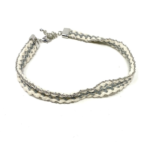 New Free People Woven Textile Chocker Necklace Silver Cream - Picture 3 of 4